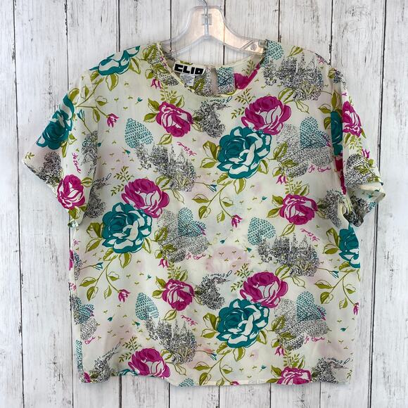 VTG Clio Pink Teal Rose Floral Printed 100% Silk Short Sleeve Blouse Size Medium - Picture 1 of 10